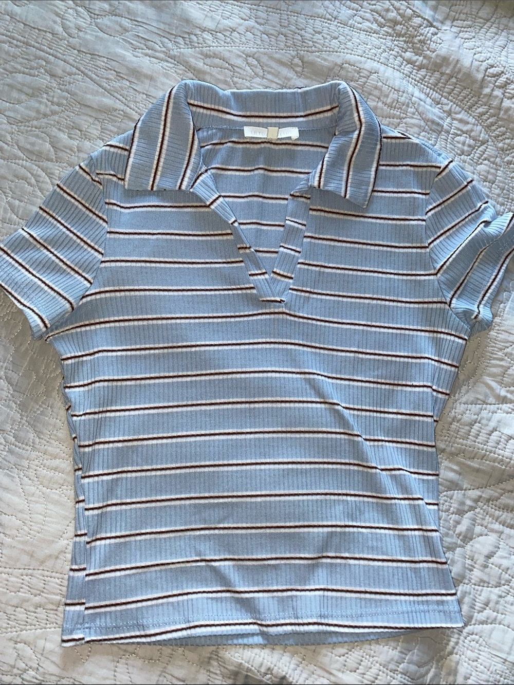 Ultra Flirt Light Blue Ribbed Polo with Brown & Cream Stripes